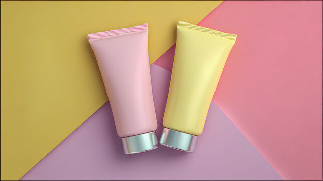 Pastel Pink and Yellow Cosmetic Tubes on a Two Tone Background