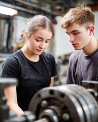 Two young people focused on a mechanical project, working together in an industrial workshop environment.