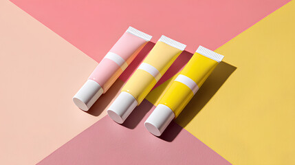 Pastel Pink and Yellow Cosmetic Tubes on a Two Tone Background