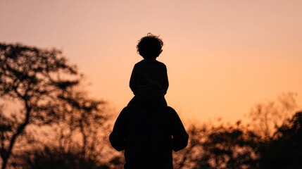 Fototapeta premium Silhouette of a child on an adult's shoulders during sunset with trees in the background, creating a warm and peaceful outdoor scene.