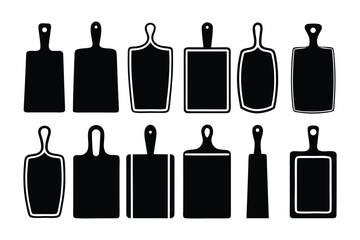 Fototapeta premium A collection of black and white silhouette illustrations of various cutting boards with handles and hanging holes