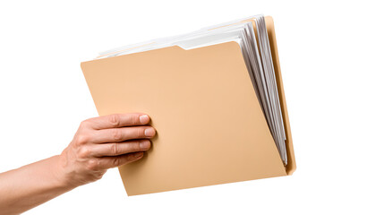 A hand holding a beige file folder with visible white documents isolated on transparent  background