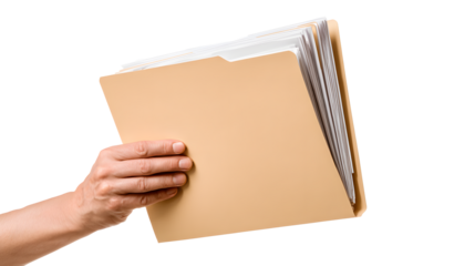A hand holding a beige file folder with visible white documents isolated on transparent  background