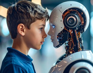 Boy and robot face-to-face