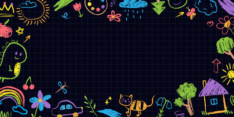 Colorful doodle frame, black border with hand drawn crayon children drawings. Chalk texture, cute childish illustration on checkered background. Template for banner, kids certificate of diploma.