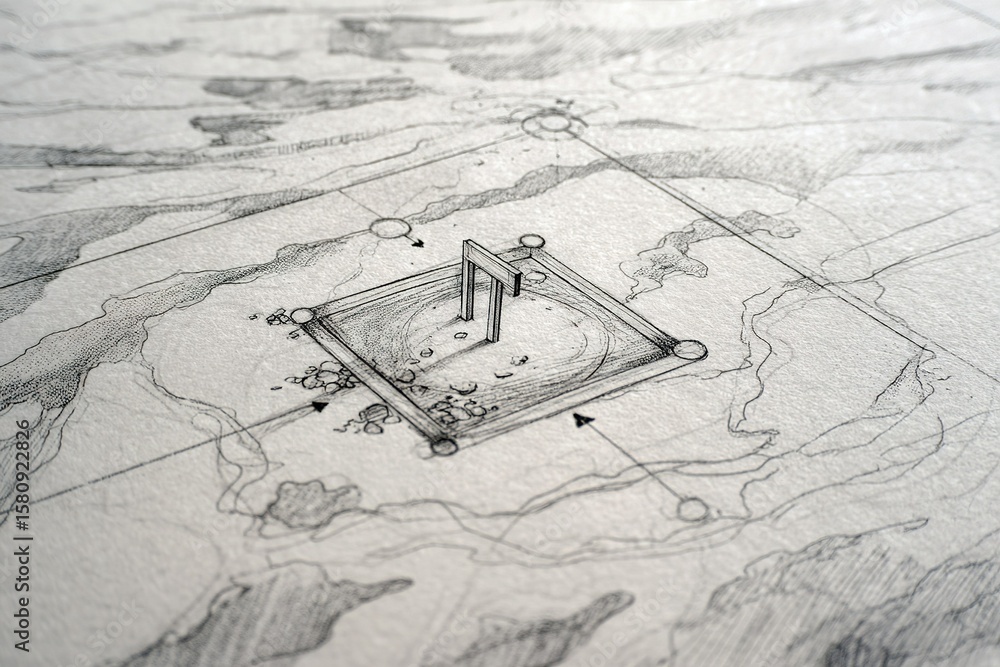 Poster detailed architectural sketch of a minimalistic structure on a textured surface