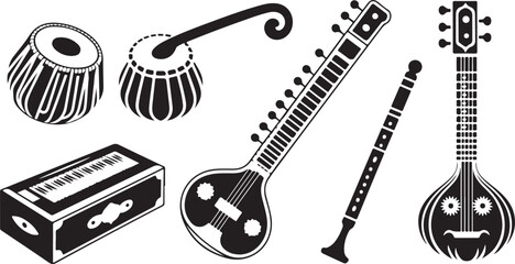 Indian musical instruments black silhouettes tabla