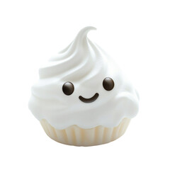Cute white cupcake with smooth creamy frosting and smiling face, adorable dessert with soft texture and playful expression, perfect for fun and sweet treats