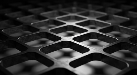Closeup of a dark metallic grid with rounded square patterns and textured surface blurred background