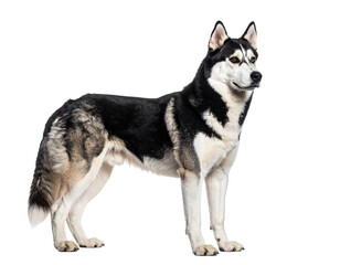 Fototapeta premium Regal Siberian Husky Standing Alert in Side Profile, isolated on a transparent background.