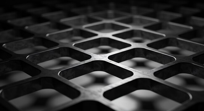 Closeup of a dark metallic grid with rounded square patterns and textured surface blurred background