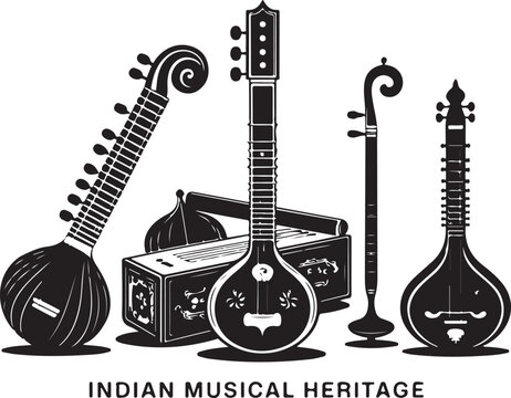 Indian stringed musical instruments and case sitar