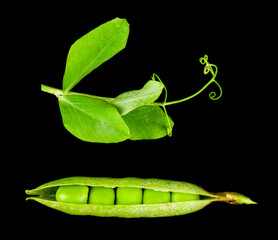 Green peas isolated on black background.