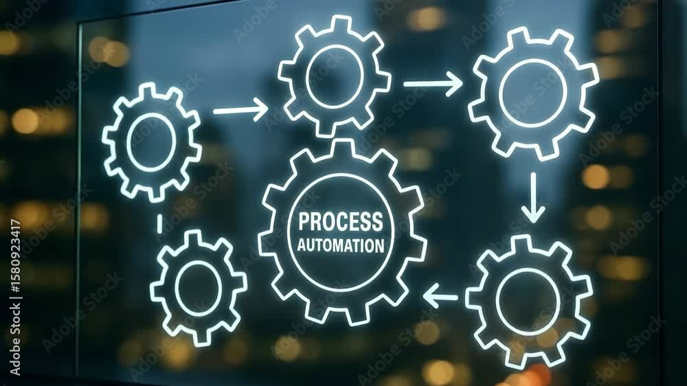 Poster a transparent digital panel displays interconnected gear icons labeled process automation. concept o