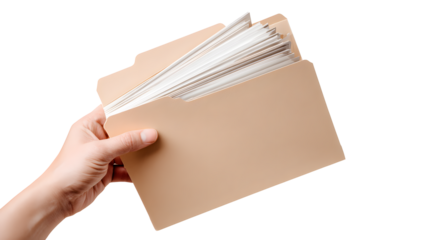 A hand holding a beige file folder with visible white documents isolated on transparent  background