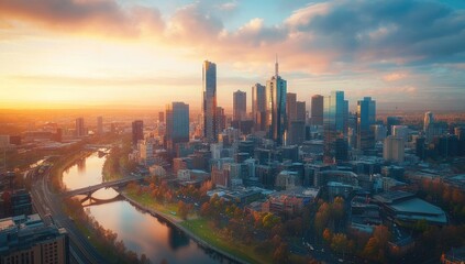 Naklejka premium City skyline at sunrise over a river