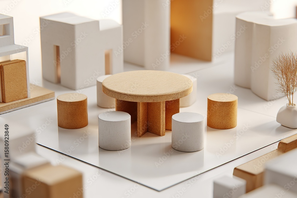 Poster miniature architectural model showcasing a round table and stools in a modern urban setting