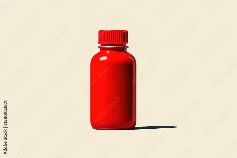Poster bright red bottle with a screw cap displayed on a neutral background in a minimalistic setting