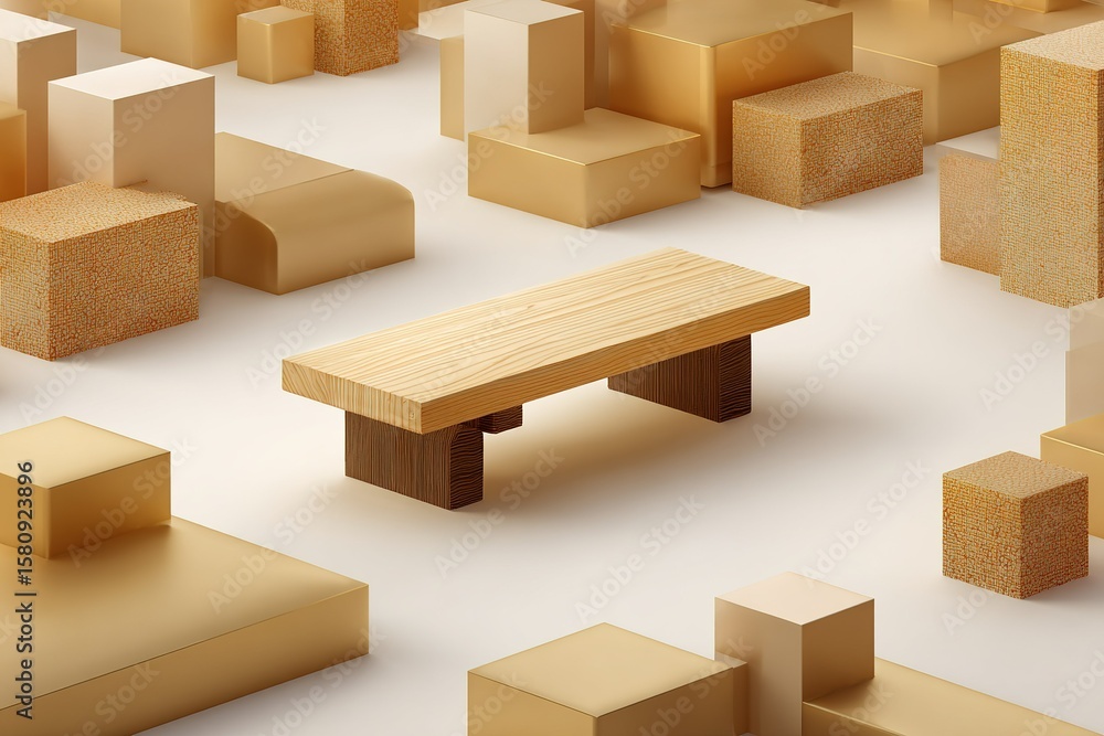 Poster wooden table surrounded by geometric shapes in a minimalist setting with warm tones and soft lightin