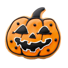 Halloween pumpkin shaped cookie decorated with orange and black icing, festive and fun treat for autumn celebration