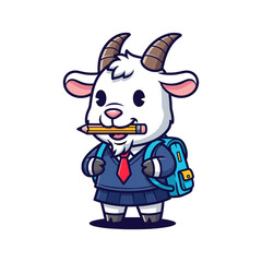 Obraz premium Cute Cartoon White Goat Student in School Uniform Chewing Pencil