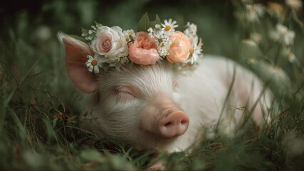 Mini pig sleeping in flower crown on grass — peaceful and cute animal moment - Powered by Adobe