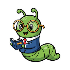 Obraz premium Cute Cartoon Green Caterpillar Student with Glasses Reading Book