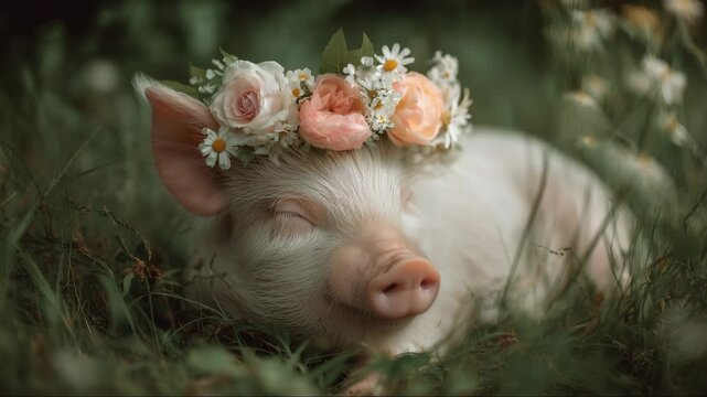 Mini pig sleeping in flower crown on grass &mdash; peaceful and cute animal moment