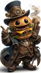 Hamburger anthropomorphic cute character, dressed in victorian era clothing illustration, isolated on white backrgound