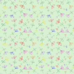 Hand-Drawn Pastel Floral Seamless Pattern on Green Background