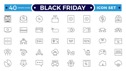 Black Friday Outline icon set. Shopping and e-commerce, cart, discount, gift, holiday sale, wallet, store. Editable stroke outline icon.
