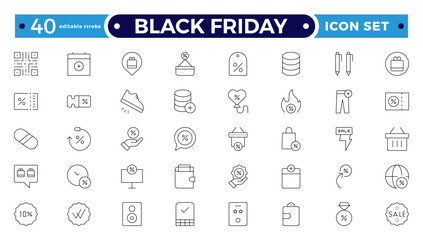 Black Friday Outline icon set. Shopping and e-commerce, cart, discount, gift, holiday sale, wallet, store. Editable stroke outline icon.
