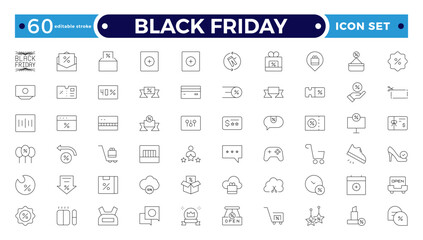 Black Friday Outline icon set. Shopping and e-commerce, cart, discount, gift, holiday sale, wallet, store. Editable stroke outline icon.
