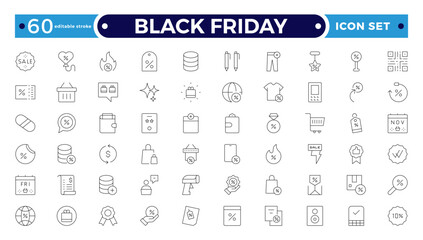 Black Friday Outline icon set. Shopping and e-commerce, cart, discount, gift, holiday sale, wallet, store. Editable stroke outline icon.
