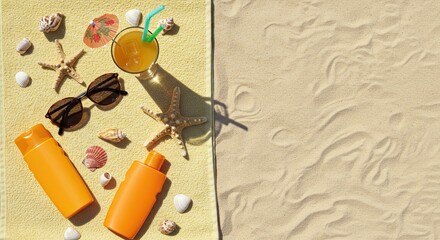 Beach vacation scene with sunglasses, starfish, and refreshing drink on towel