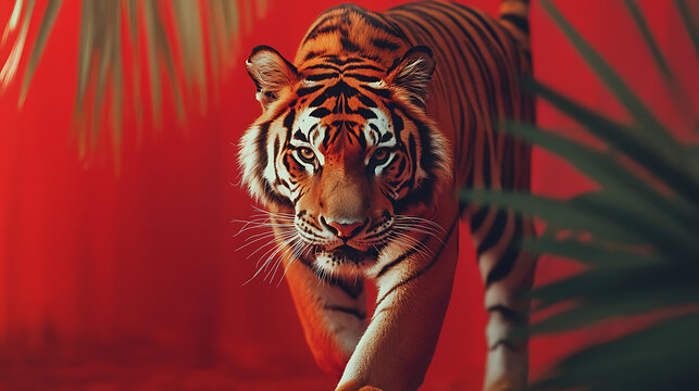 A tiger prowling towards the viewer against a red backdrop with tropical foliage around it
