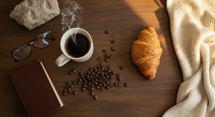 Cozy morning scene with coffee, croissant, book, and glasses on wooden table