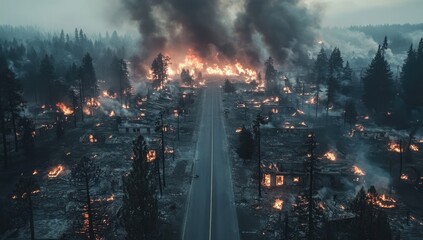 Aerial view of a wildfire destroying a town
