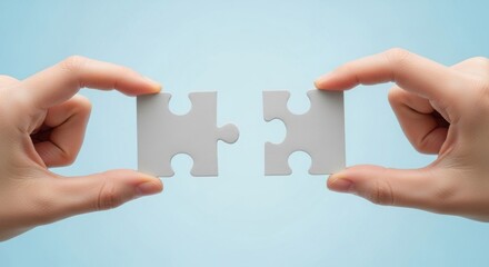 Two hands are holding puzzle pieces, ready to connect them, symbolizing teamwork, problem-solving, and solutions, set against a light blue backdrop, ideal for business and strategy concepts.