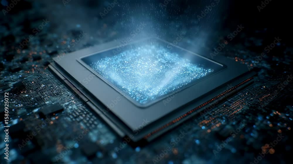 Poster quantum processor emitting glowing particles, symbolizing advanced computing and innovation on a com