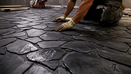 Worker installing dark gray stone floor tiles