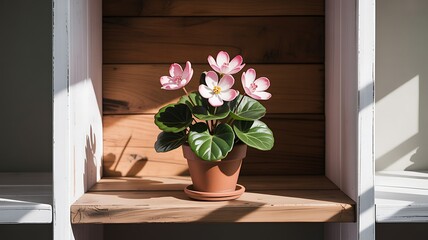 Pink blooming plant in terracotta pot on wooden shelf white green