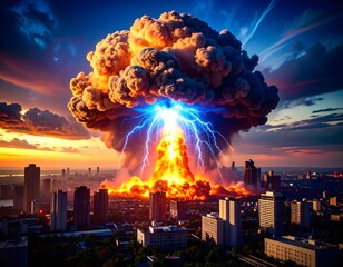 Massive atomic explosion over a city skyline at sunset, with vibrant clouds of smoke and lightning.