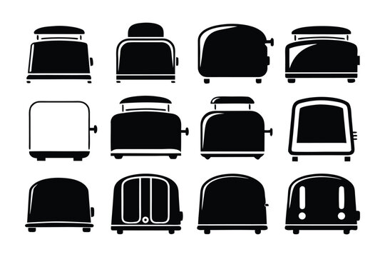A collection of twelve black silhouette icons representing various styles and designs of kitchen toasters on a white background