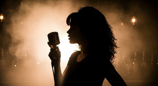 Female singer silhouette performing with vintage microphone on smoky stage