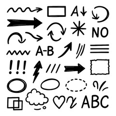 Hand-drawn doodle style arrows, shapes, and sketch symbols set, Transparent Background