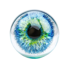 Close up of blue and green human eye with detailed iris texture and black pupil, showing intricate patterns and vibrant colors in spherical shape