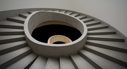 Fototapeta premium Curved concrete spiral staircase from above looking down into a dark void with a smaller spiral