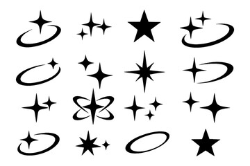 Sparkle and orbit logo icons in black silhouette style for futuristic branding, Transparent Background © FriskySloths