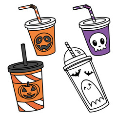 Illustration of four halloween themed drinks with pumpkin skull ghost and bat designs on a white background